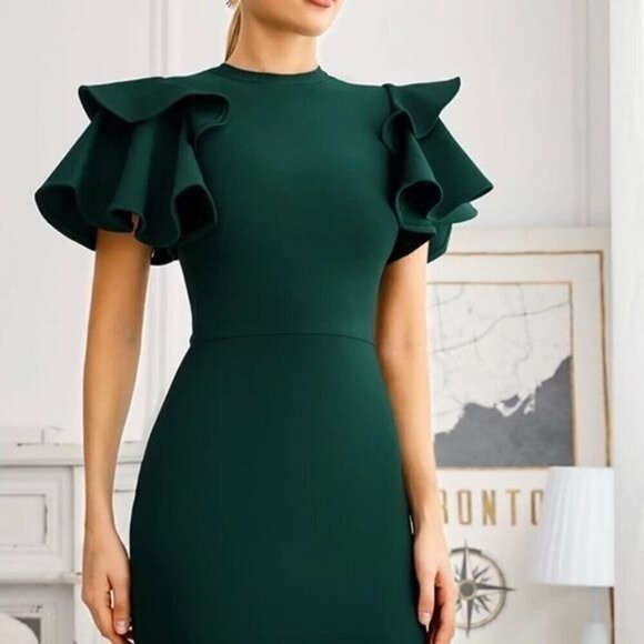 Green Midi Bandage Dress with Ruffles Short Sleeve and a high neck Dress - Picture 7 of 10